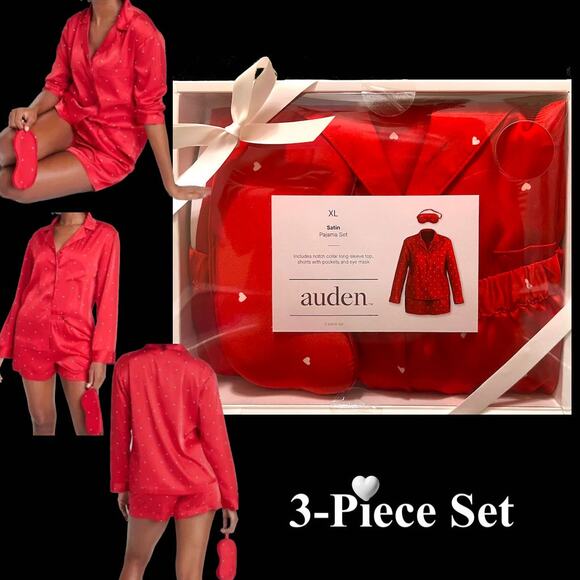 arden Other - Auden Women's Boxed 3pc Satin Long Sleeve Top Shorts Eye Mask Pajama Set  XL